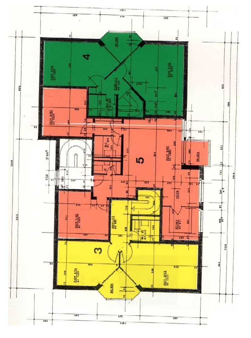 Floor plan of a multi-level building with labeled rooms and dimensions, including a large green area, several smaller rooms, and a central open space.
