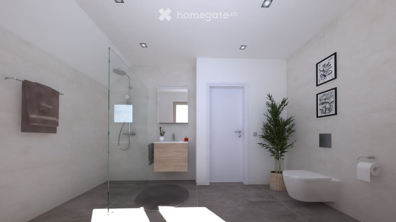 Modern bathroom with a glass-enclosed shower, wooden sink cabinet, white toilet, and decorative plant. Features include a large mirror, towel rack, and picture frames on the wall.