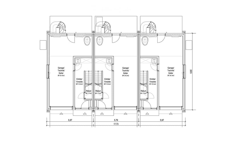Floor plan showing three identical units with garage, technical room, cellar, entrance, and small room.