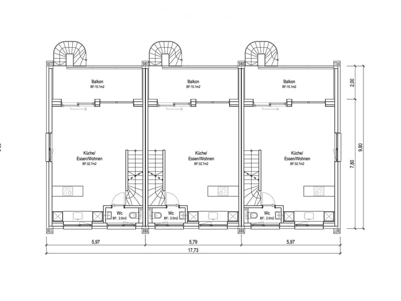 Floor plan showing three units with kitchens, living/dining areas, bathrooms, and balconies.
