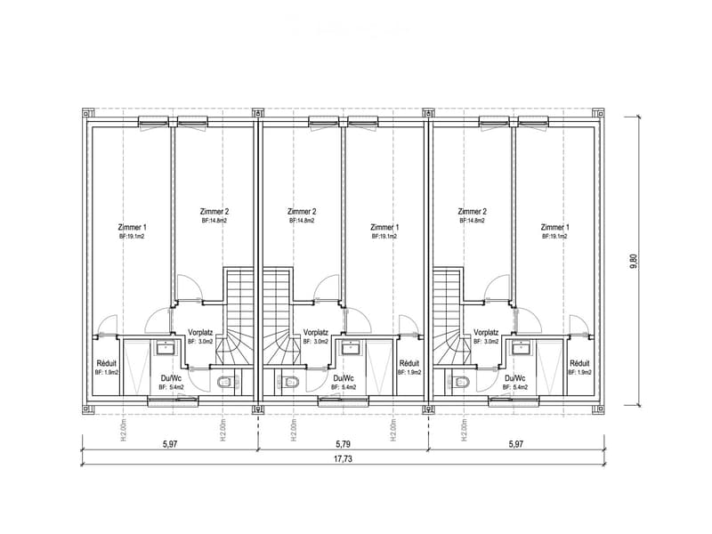 Floor plan showing four bedrooms, two bathrooms, and a hallway with labeled dimensions and room areas.