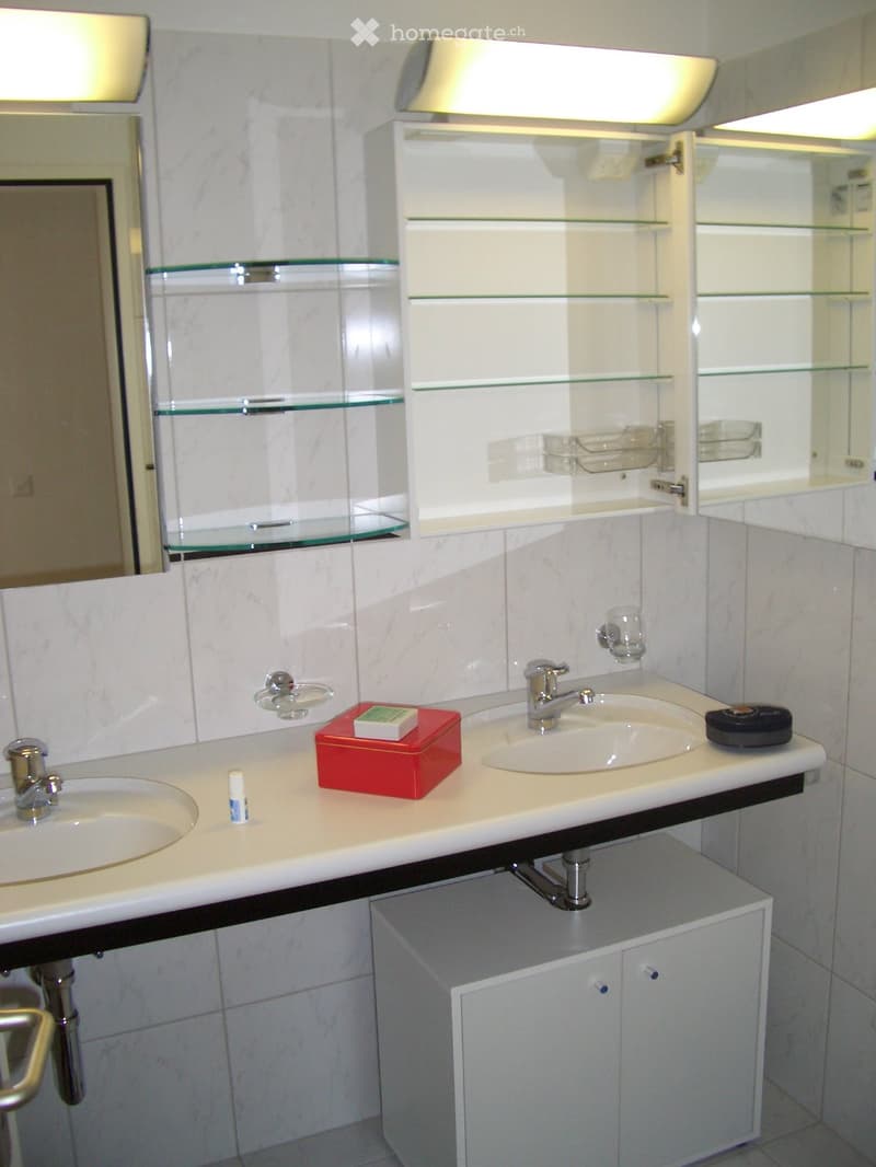 Modern bathroom with two sinks, mirrored cabinets, and marble tiles.