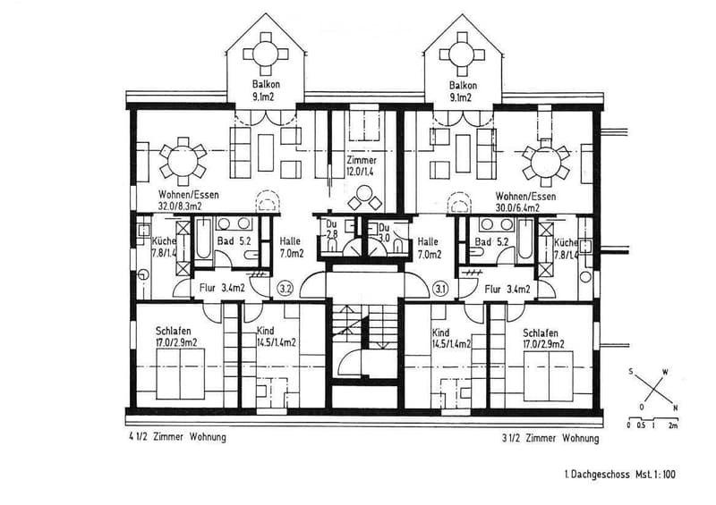 Floor plan of a 4.5-room apartment with two balconies, two bathrooms, two kitchens, living/dining areas, bedrooms, and a hallway.
