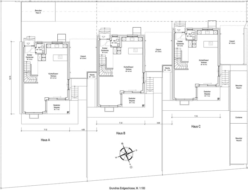 Ground floor plan of three houses (Haus A, Haus B, Haus C) showing layouts including living spaces, kitchens, bathrooms, entrances, and parking areas.