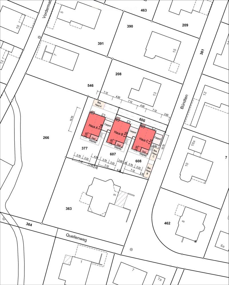 Floor plan showing three houses (Haus A, Haus B, Haus C) with labeled dimensions, parking spaces, and surrounding property boundaries.