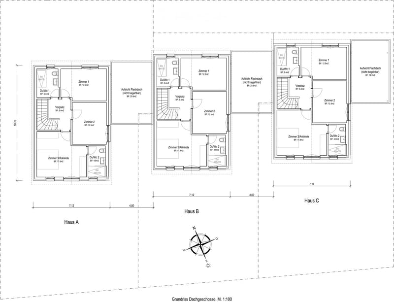 Floor plan of three houses (Haus A, Haus B, Haus C) on the roof level, showing rooms, bathrooms, and outdoor spaces.