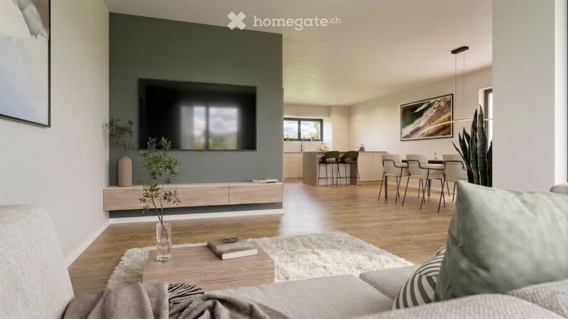 Open-plan living and dining area with modern furniture, a large TV, and a bar counter leading to a kitchen.