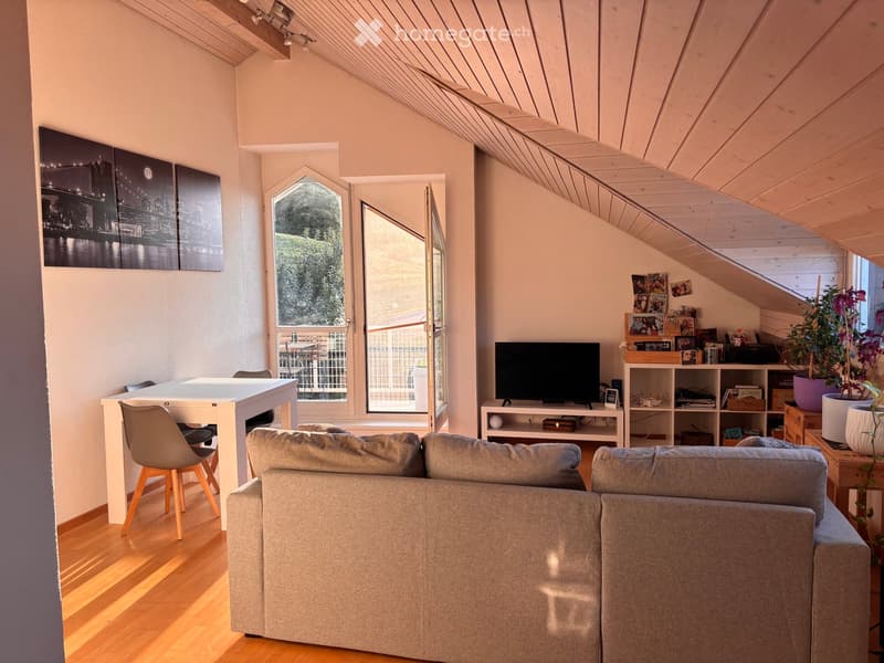 Bright living room with wooden floors, slanted wooden ceiling, large windows, sofa, coffee table, TV, and shelves with books and decorative items.