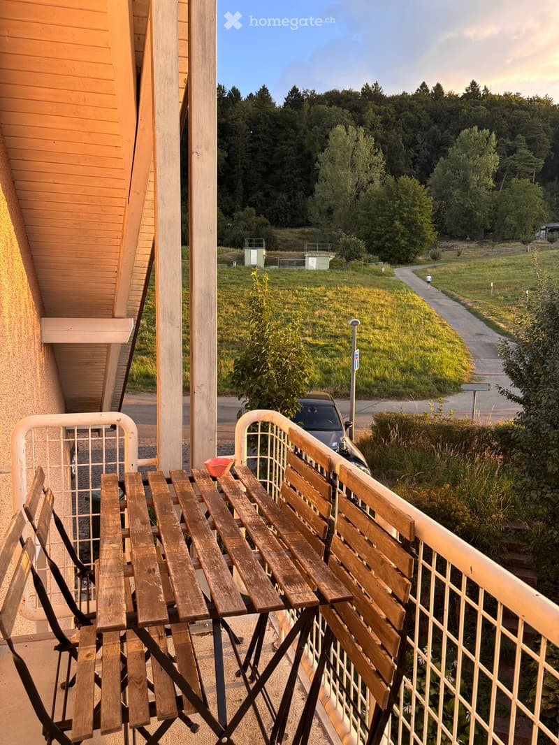 Balcony with wooden benches and chairs, overlooking a green landscape with trees and a pathway.