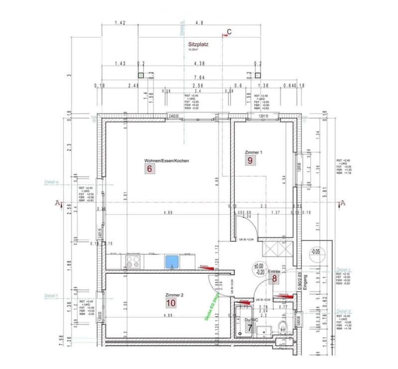 Floor plan showing a living/dining/kitchen area, two bedrooms, a bathroom, and an entrance area with dimensions and room labels.