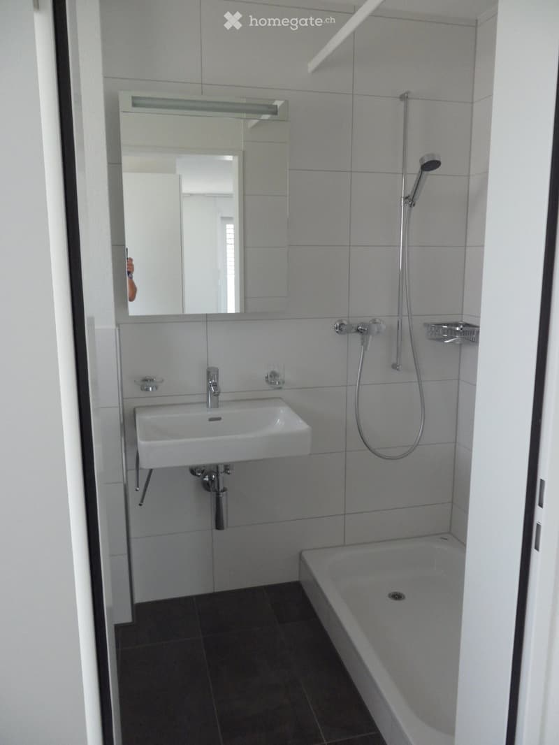 Modern bathroom with white tiles, a white sink, a bathtub, a large mirror, and a showerhead.
