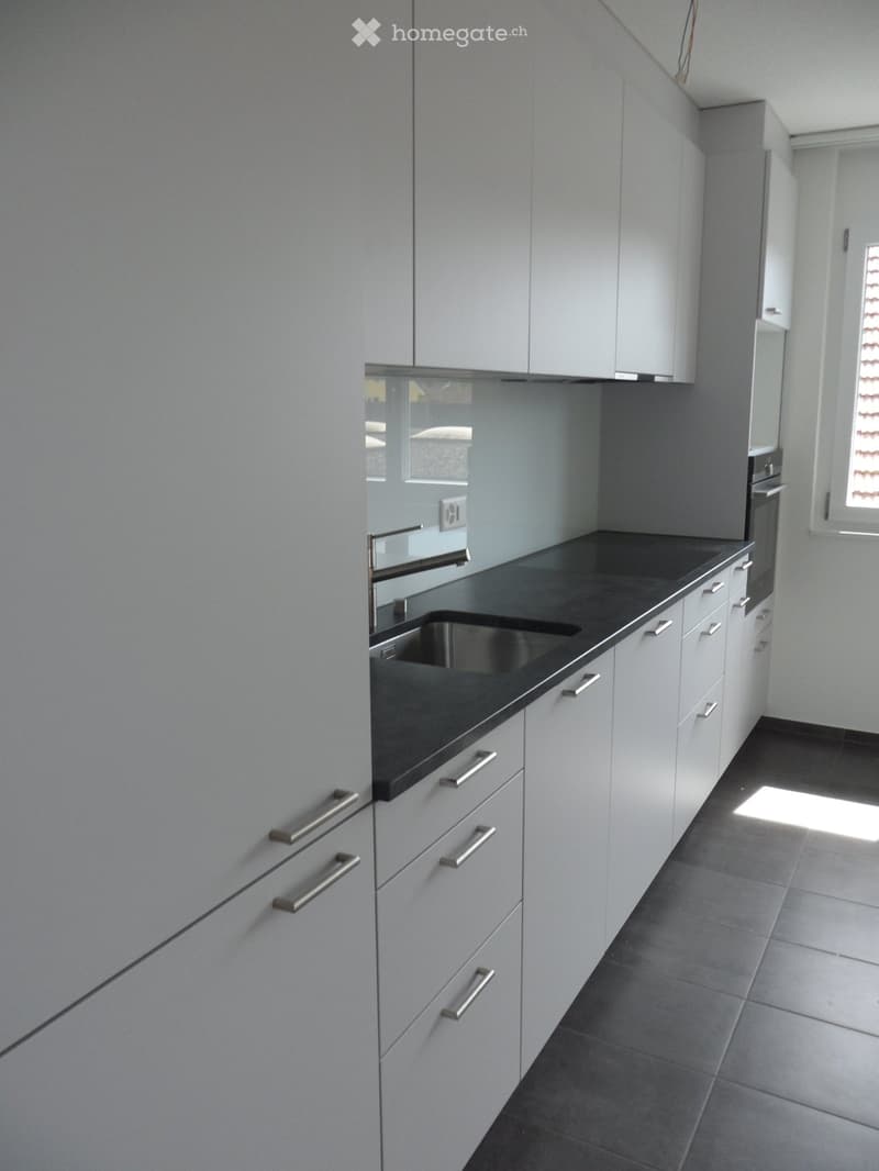 Modern kitchen with white cabinets, black countertop, and stainless steel sink.
