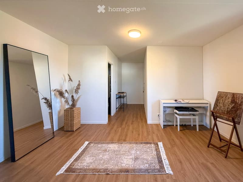 A modern hallway with wooden flooring, a large mirror, a small table with a vase, a chair, and a rug.