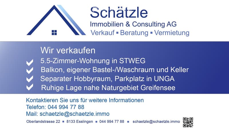 Real estate advertisement for a 5.5-room apartment in STWEG, featuring a balcony, private laundry room, hobby room, parking space, and a quiet location near Greifensee nature area.