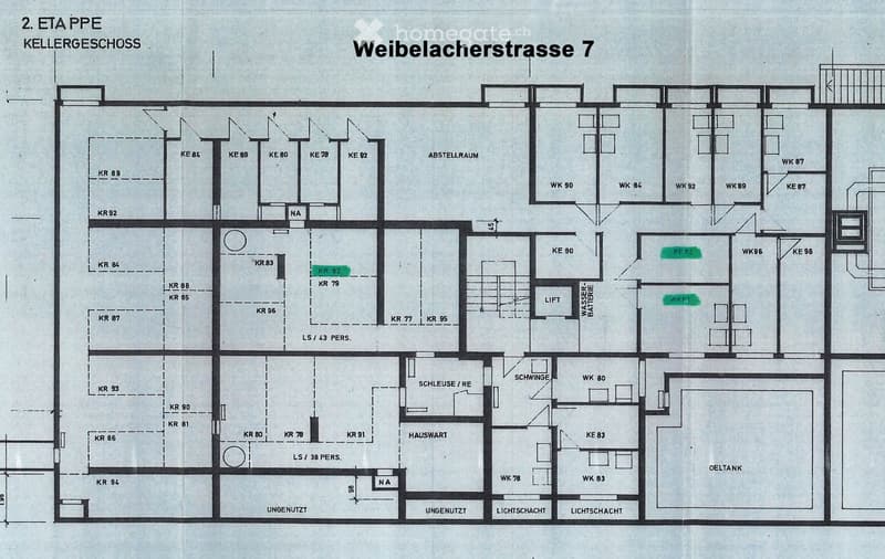 Floor plan of the basement level at Weibelercherstrasse 7, showing multiple rooms labeled with codes (KR, KE, WK), a storage area, a water battery, a lift, and light shafts.