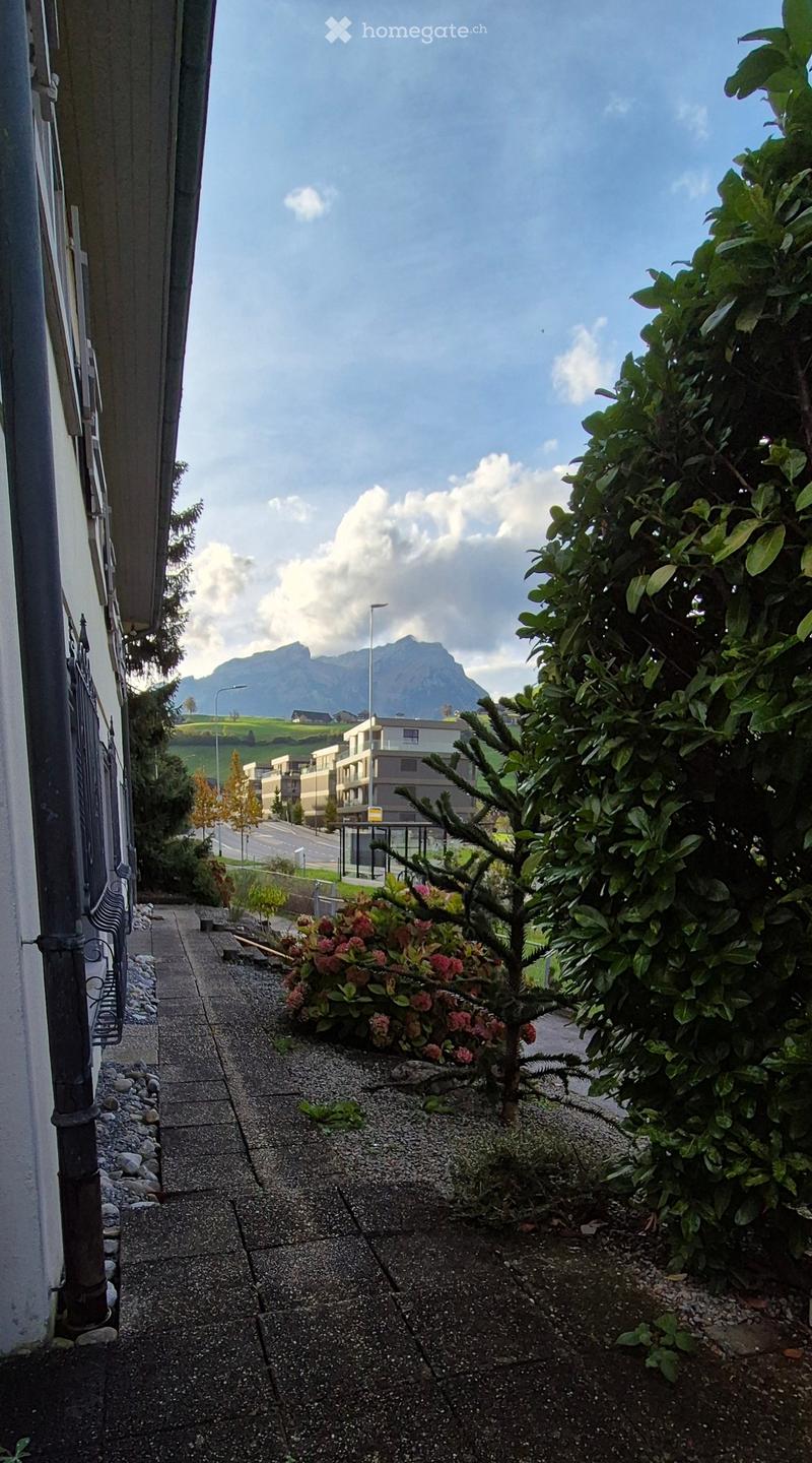 A narrow garden area with gravel, small plants, and a view of a mountain range in the background.