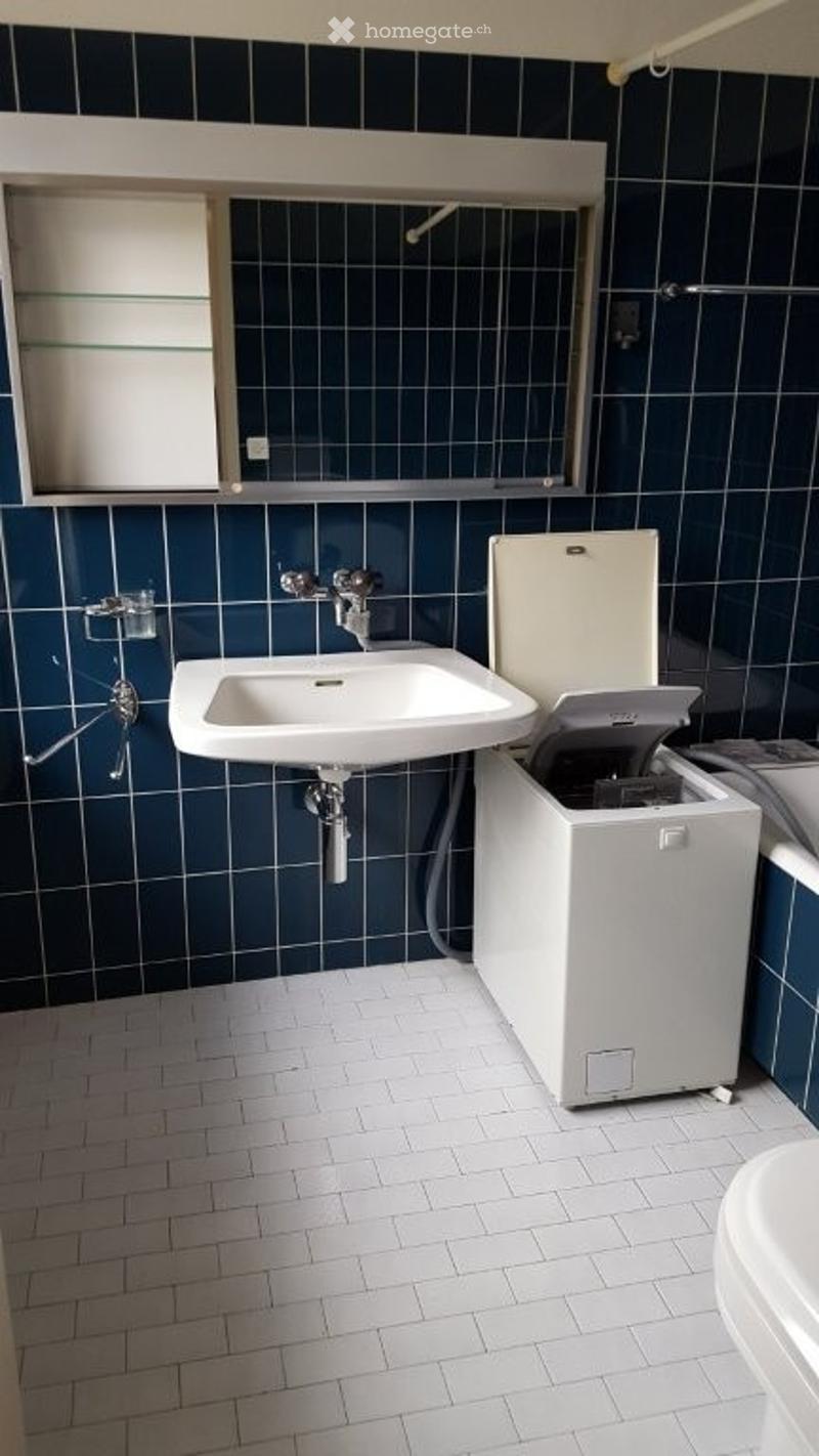 Bathroom with dark blue tiles, white sink, mirror, and a small washing machine.
