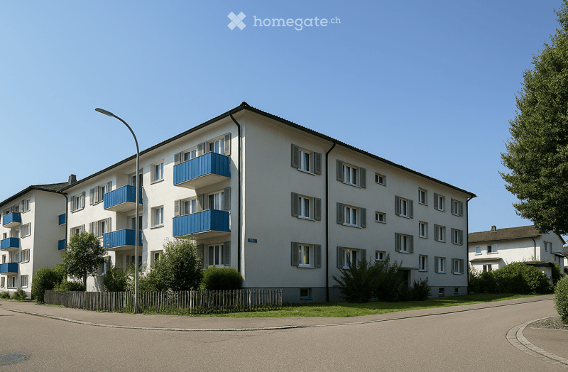 A multi-story residential building with white walls, multiple windows, and blue balconies. The building is surrounded by greenery and a paved road.