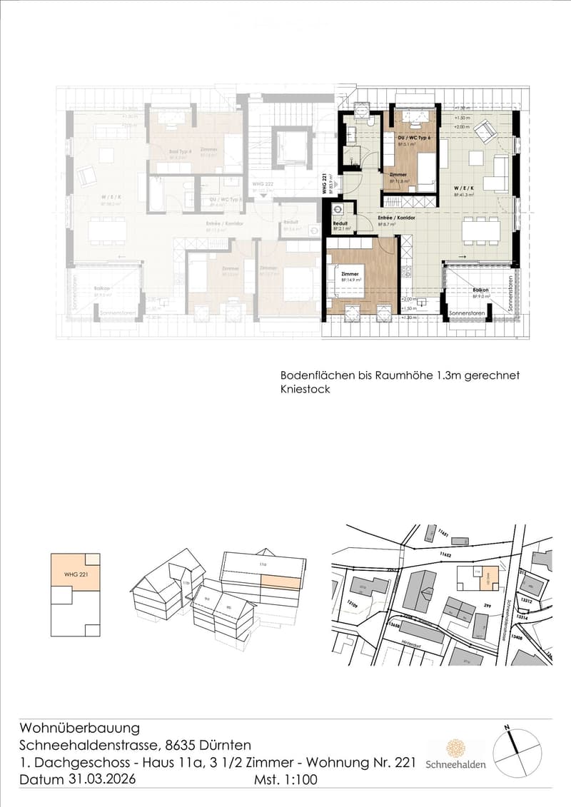 Floor plan of a 3.5-room apartment on the roof level of a building, including living room, bedroom, bathroom, entrance, hallway, and balcony.