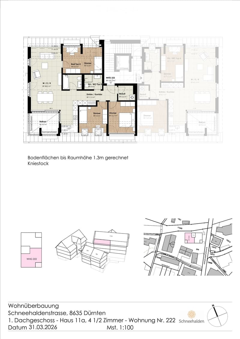 Floor plan of a residential unit with multiple rooms including bedrooms, bathrooms, and a balcony. Includes detailed measurements and room labels.