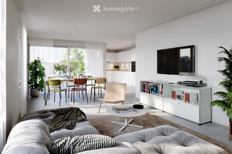 Modern living room with a grey sofa, coffee table, dining area with chairs and table, bookshelf with records, record player, television, and plants.