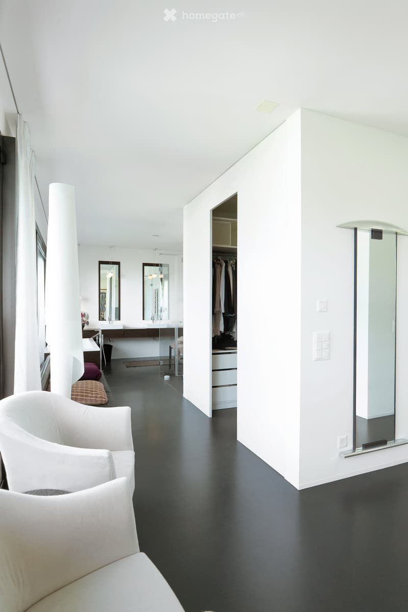 Modern, minimalist living space with white walls, black flooring, and contemporary furniture including a white sofa, throw pillows, a mirrored wall, a sink area, and a wardrobe.