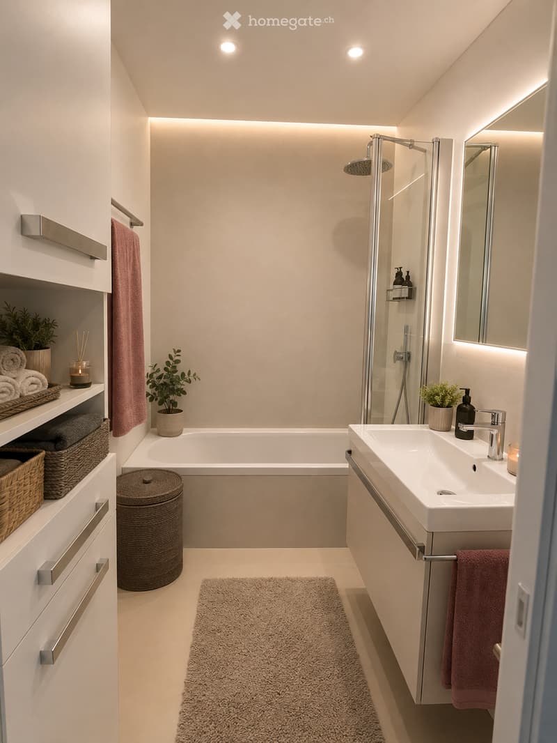 Modern bathroom with a bathtub, sink, mirror, and built-in storage. Features include a shower, towels, plants, and decorative baskets.