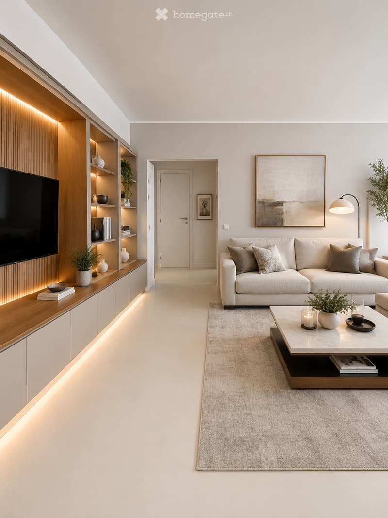 Modern living room with a white sofa, coffee table, floor lamp, bookshelf, and decorative items.