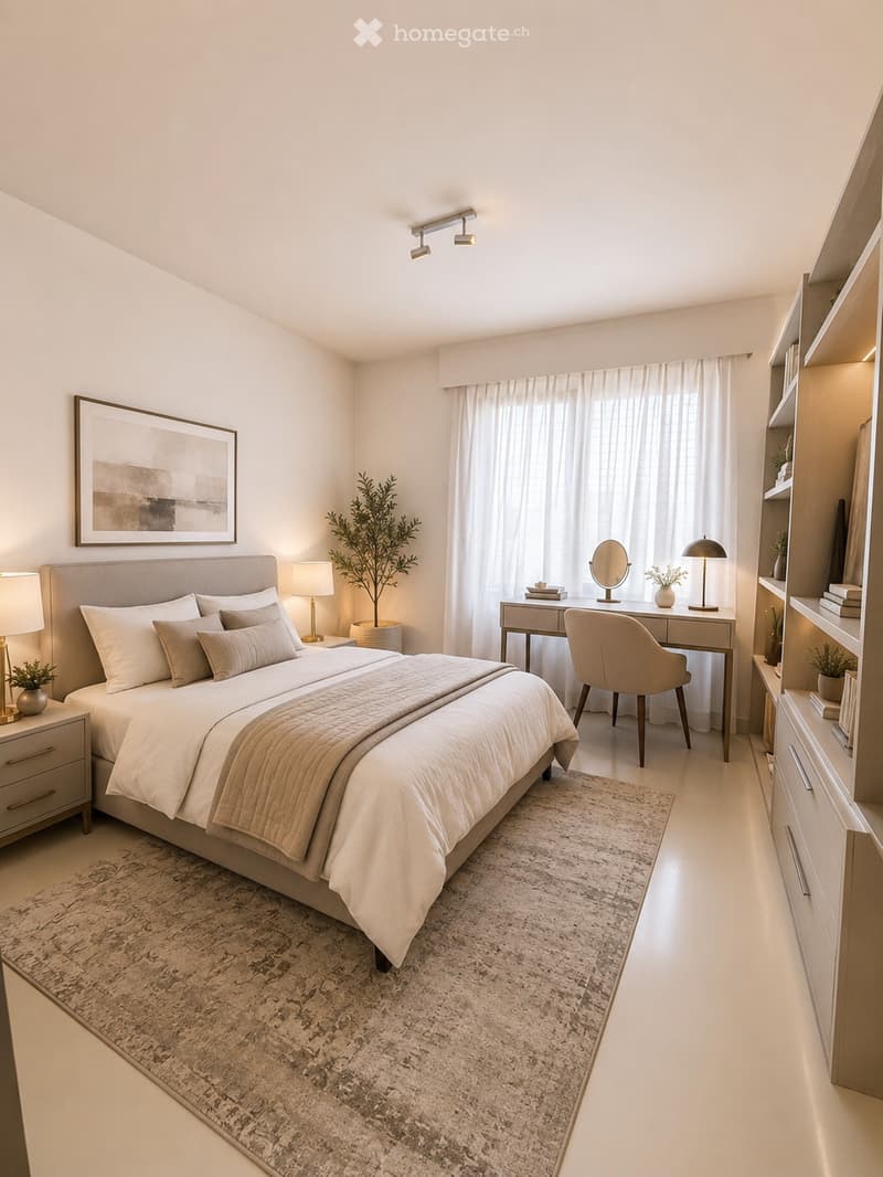 Modern bedroom with a large bed, nightstand, desk area, and built-in shelving. Features include a large window with curtains, a patterned rug, and decorative plants.