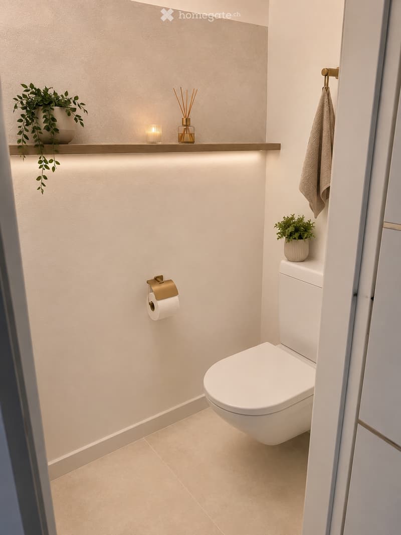Modern bathroom with white toilet, beige tiles, and decorative elements including a candle, plant, and towel.