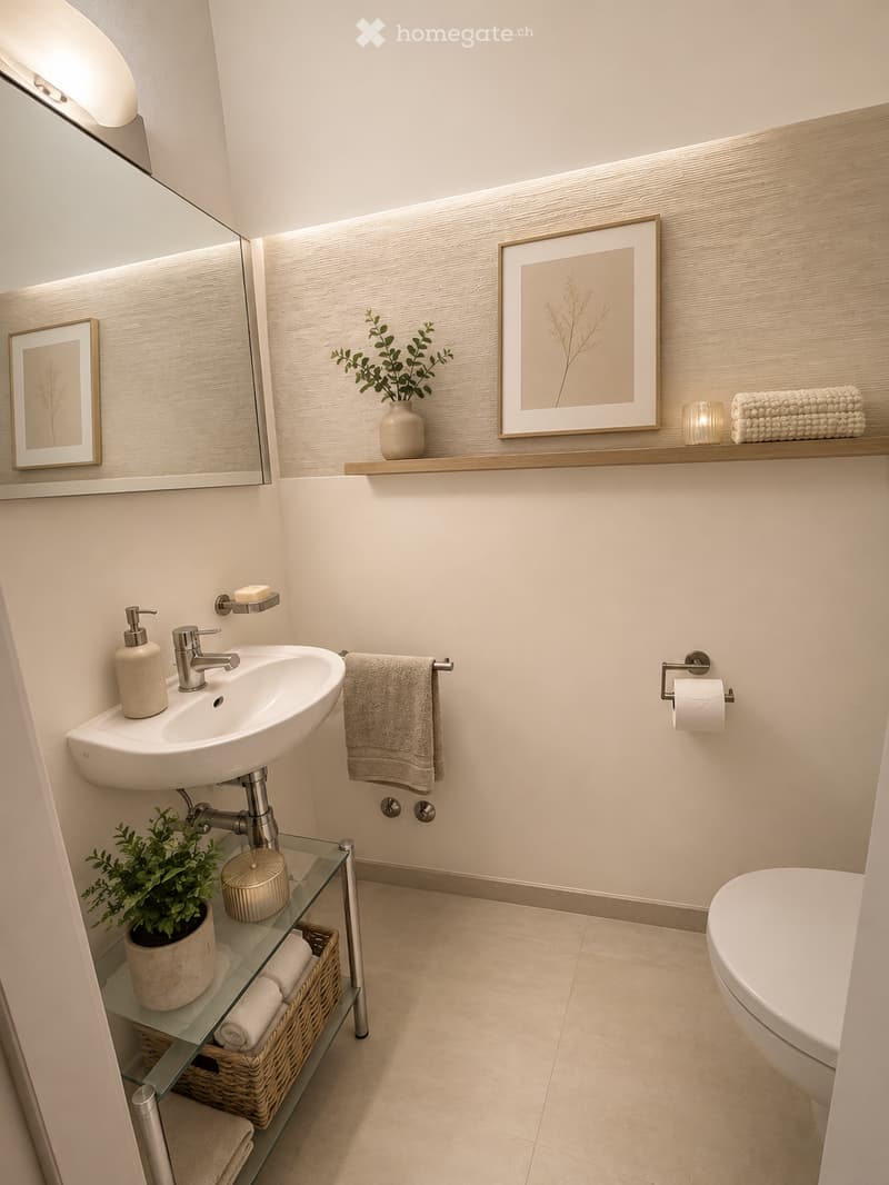 Modern bathroom with a white sink, chrome faucet, beige towel, potted plant, glass shelf, and decorative items.