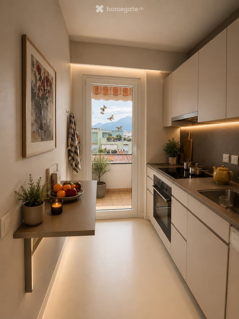 Modern kitchen with white cabinets, stainless steel appliances, and a view of the city through a large window. Includes a counter with a bowl of fruit, a candle, and potted plants.