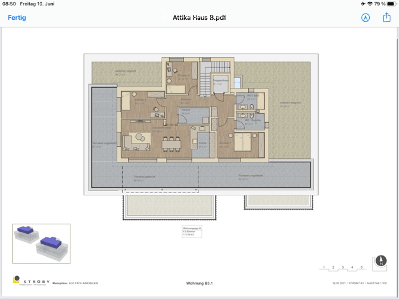 Floor plan of a residential unit showing multiple rooms including living area, kitchen, bedrooms, bathrooms, and hallway.