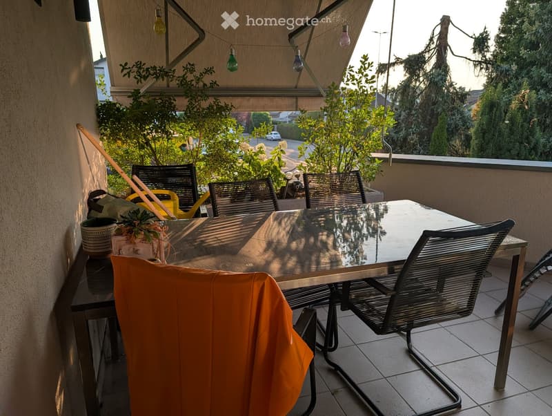 Balcony with a glass table, metal chairs, potted plants, and an orange blanket draped over a chair.