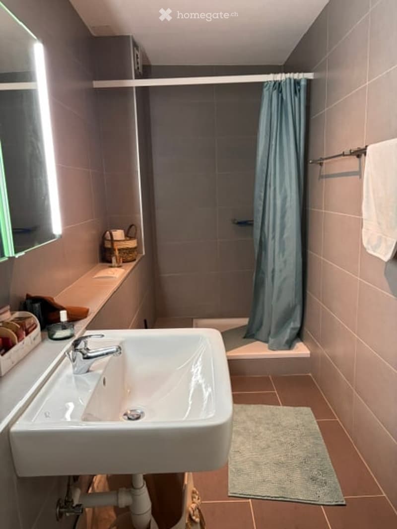 Modern bathroom with a white sink, chrome faucet, shower area with a blue curtain, and a towel on a rack. A small basket and a rug are also visible.