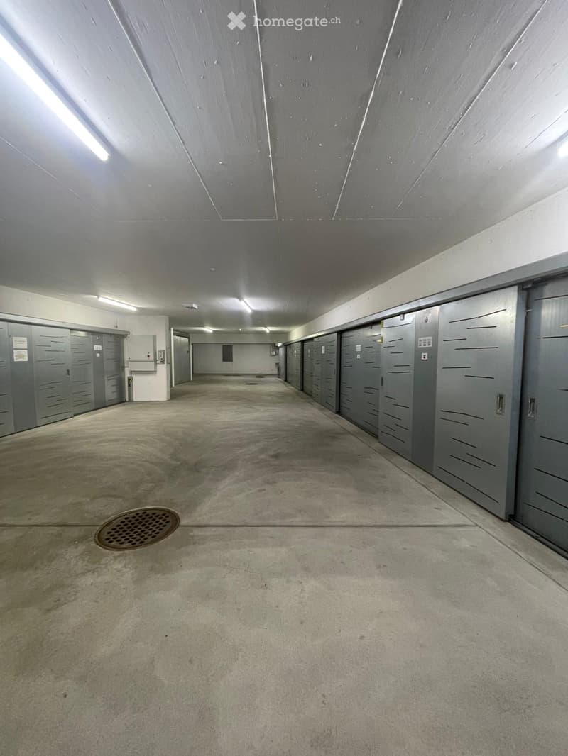 Empty underground garage corridor with concrete floors, grey storage units on both sides, and fluorescent lighting.
