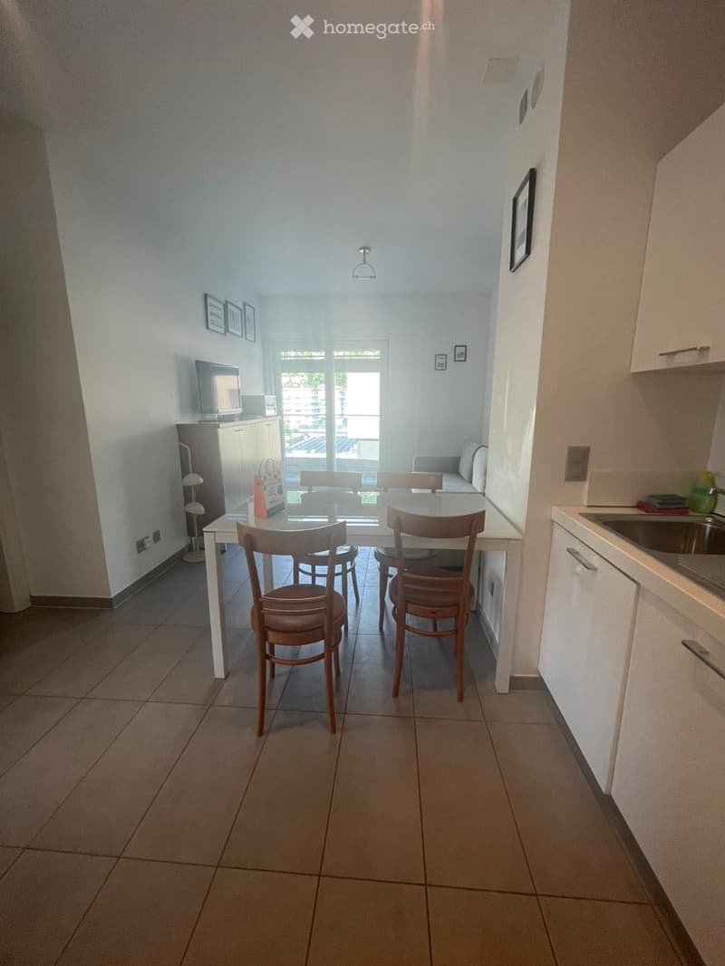 Bright, open-plan living and dining area with tiled flooring, white walls, and modern furniture including a dining table, chairs, and a sofa. Kitchen area features cabinets and a sink.