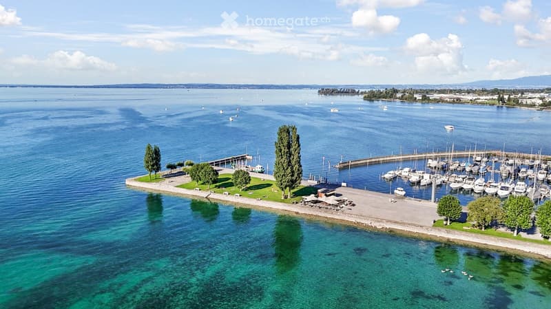 Aerial view of a waterfront area with a marina, boats, trees, and a clear blue lake.