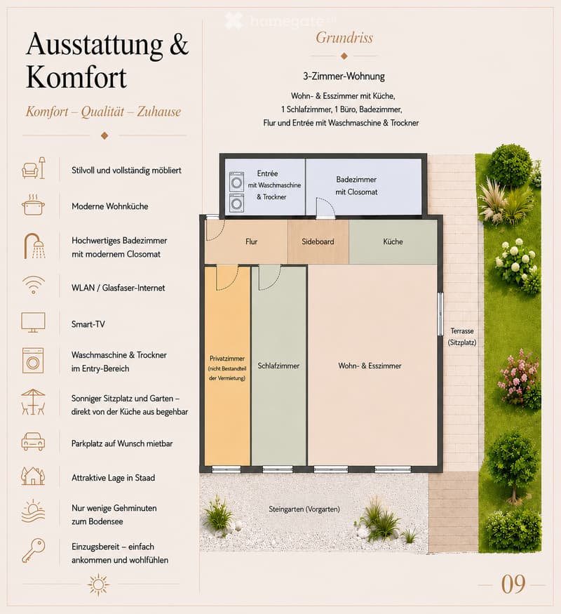 Floor plan of a 3-room apartment with living and dining room, kitchen, bedroom, office, bathroom, hallway, and entrance with washing machine and dryer. Includes a terrace and garden area.