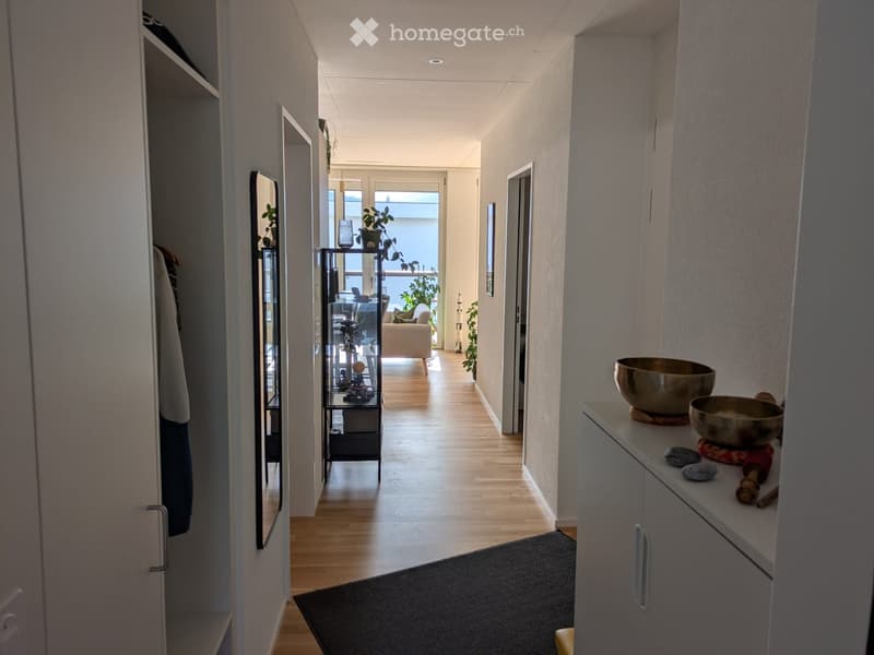 A modern hallway with light wooden flooring, white walls, and a view of a living area with a sofa and plants. The hallway features a small shelf with decorative items and a cabinet with bowls and stones on top.