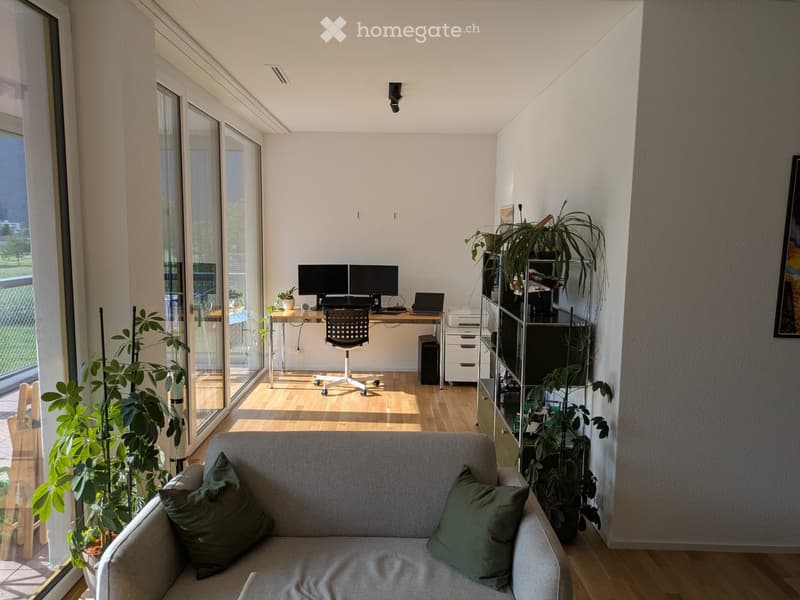 A modern, well-lit living and working space with a grey sofa, a desk with two monitors and a laptop, a chair, and several potted plants. Large windows provide natural light and a view of the outdoors.