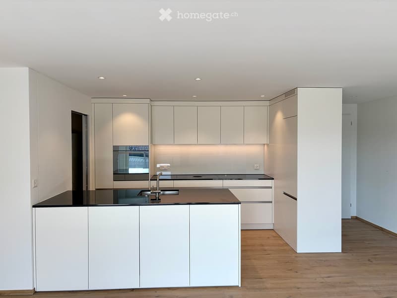 Modern kitchen with white cabinets, black countertop, and wooden flooring.