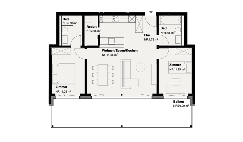 Floor plan of a 2-room apartment with a combined living/dining/kitchen area, two bedrooms, two bathrooms, a hallway, and a balcony.