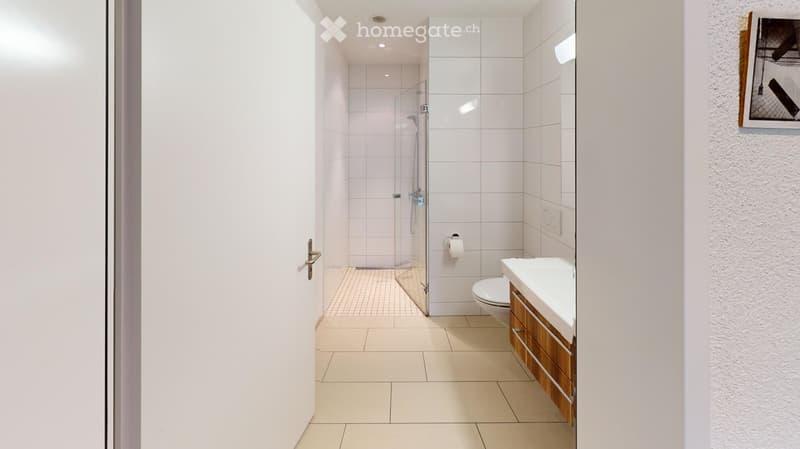 Modern bathroom with white tiles, a glass-enclosed shower, a toilet, a sink with a wooden cabinet, and a mirror above the sink.