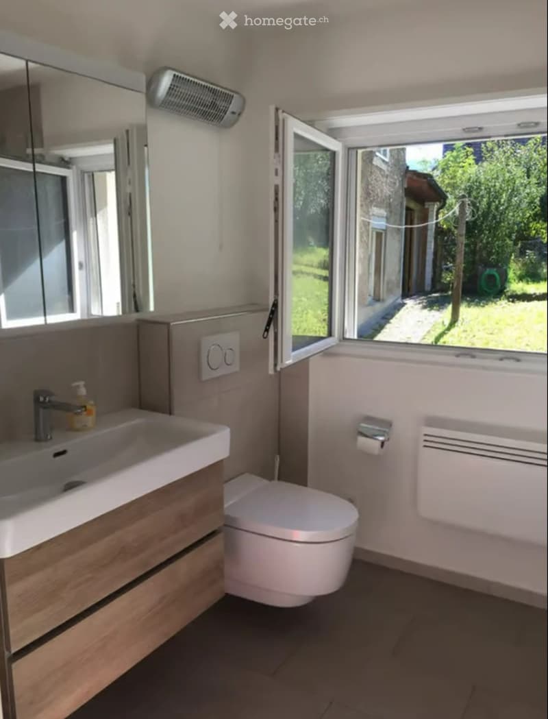 Modern bathroom with a white sink, toilet, mirror, and a window offering a view of the garden.