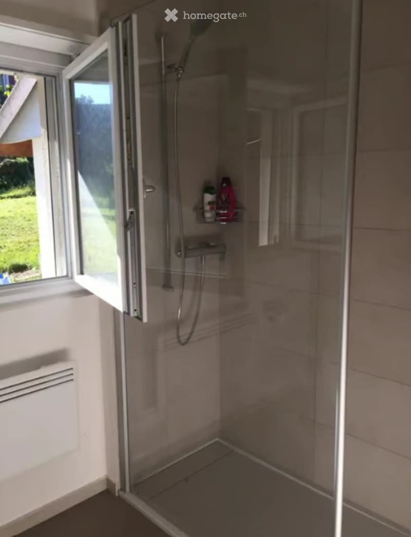 Modern bathroom with a glass-enclosed shower, a shower shelf holding toiletries, and a large window providing natural light.