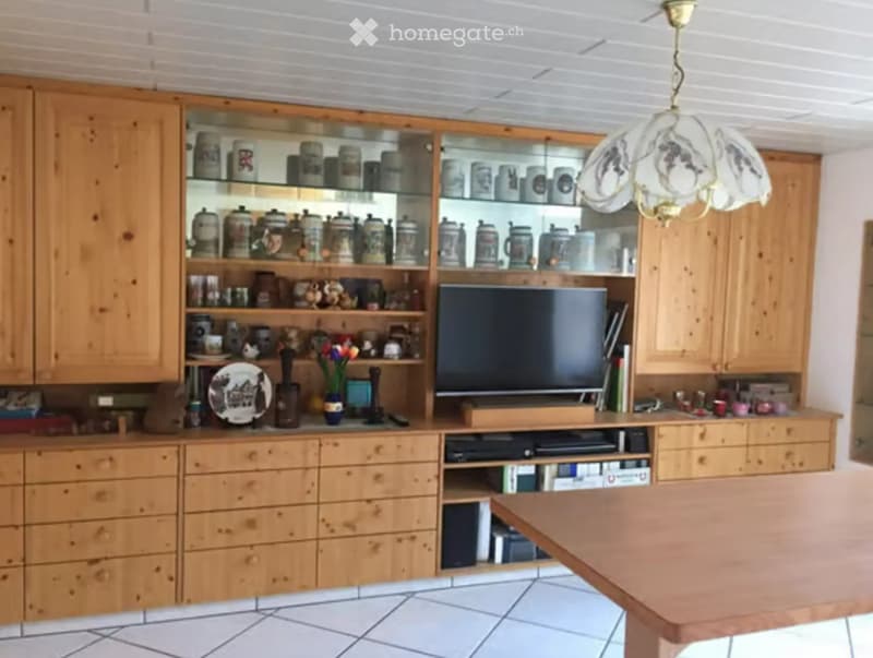A well-furnished living room with wooden cabinets, a television, a table, and various decorative items including vases, plates, and books.
