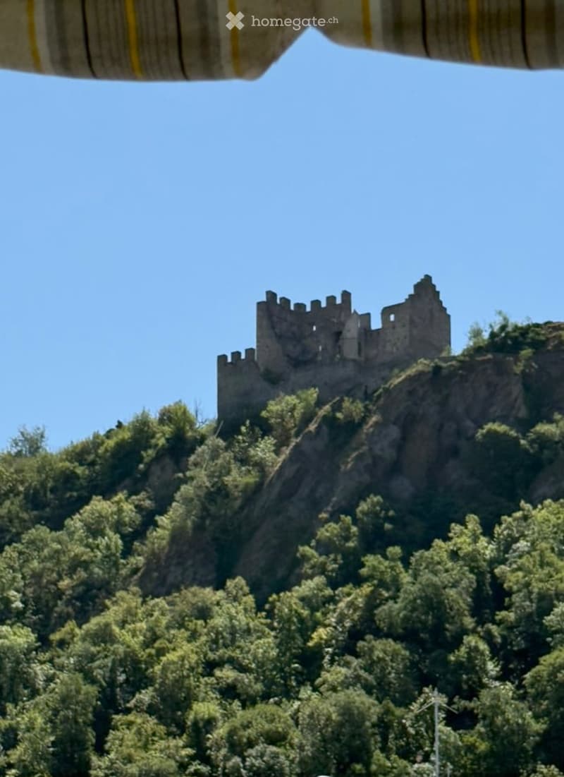 A medieval castle sits atop a rocky hill, surrounded by dense green forest under a clear blue sky.