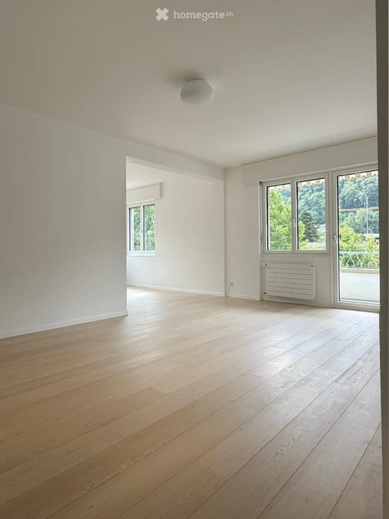 Empty room with light wooden flooring, white walls, and large windows offering a view of greenery outside. The room features a radiator and a ceiling light fixture.