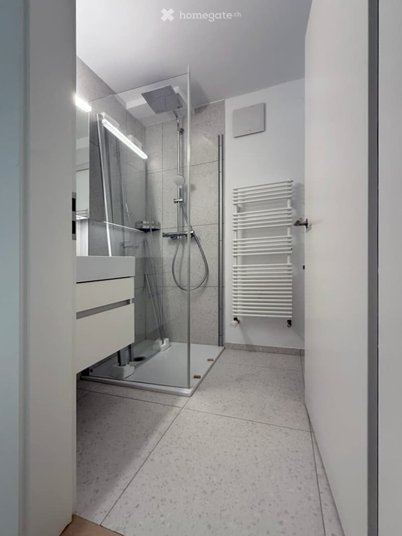 Modern bathroom with a glass-enclosed shower, a white radiator, a sink with a mirror, and tiled floors.